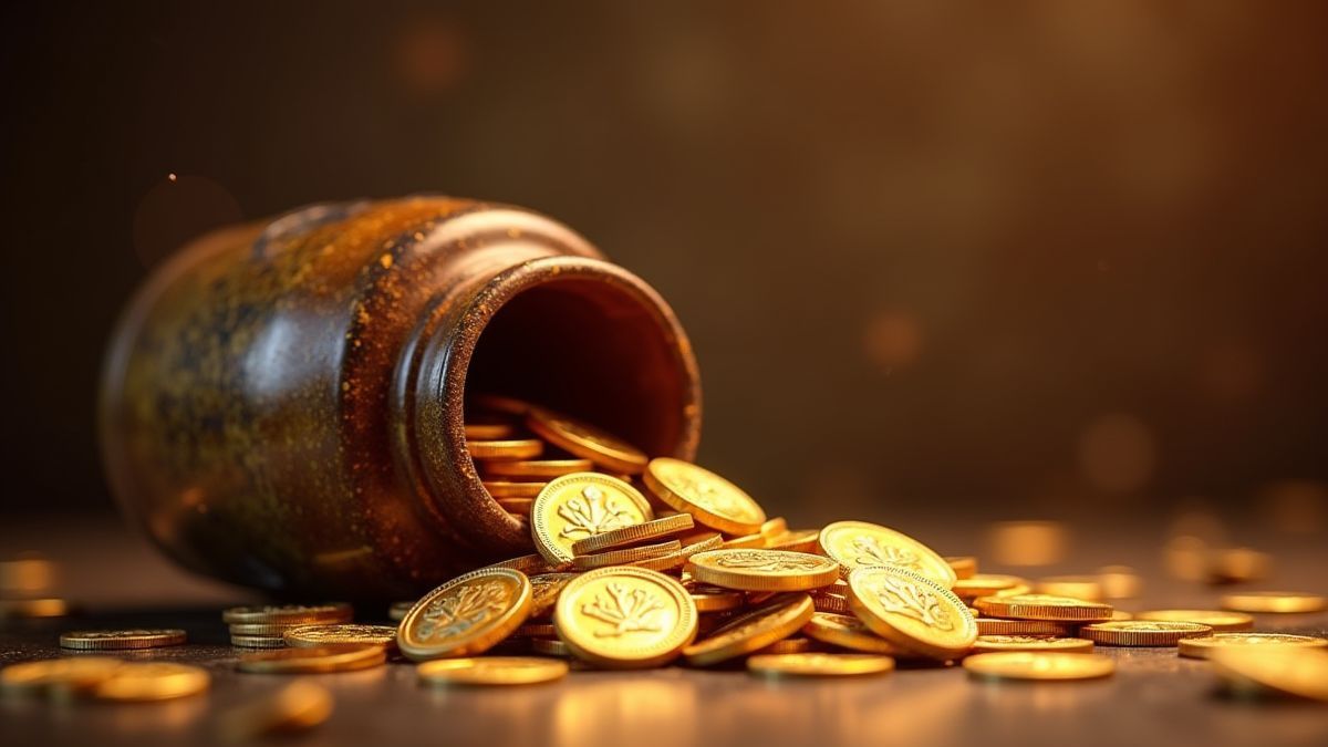 Golden coins spilling out of a jar in an ancient Chinese setting.