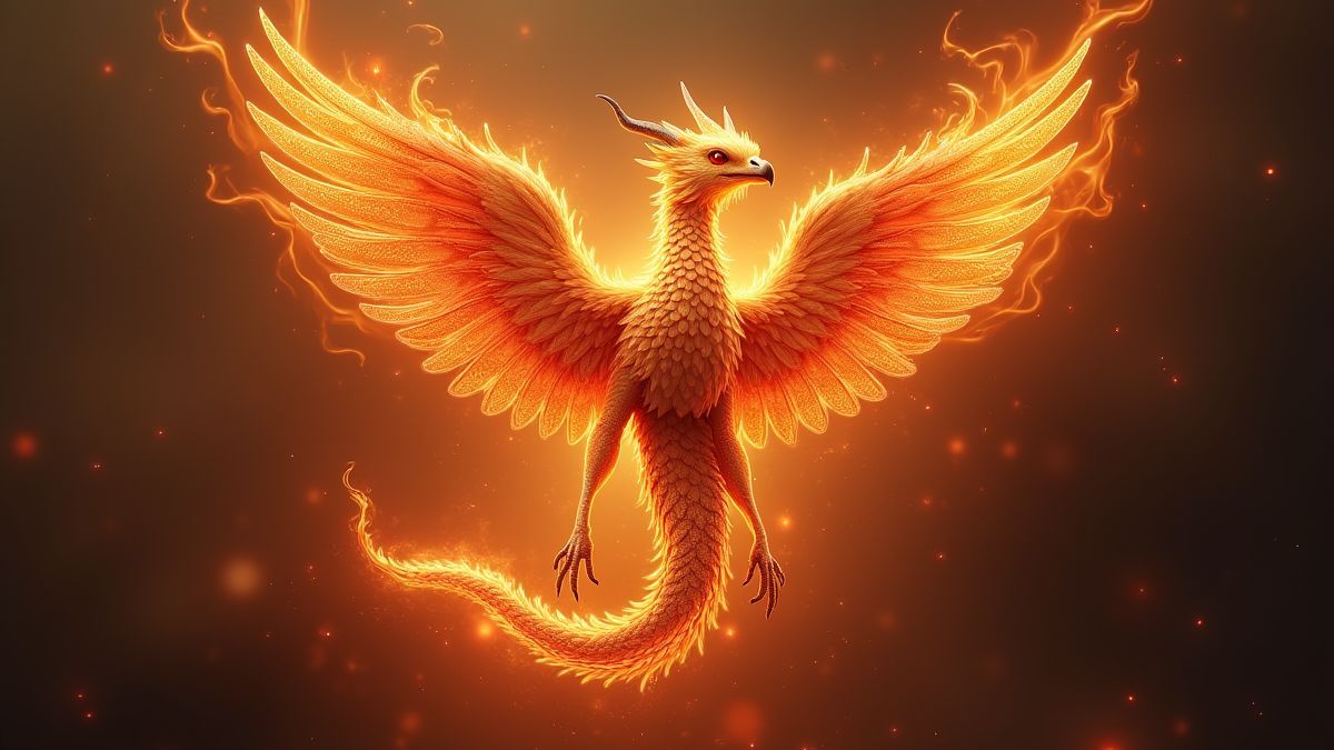 Fénix y dragón entrelazados en un aura brillante.
