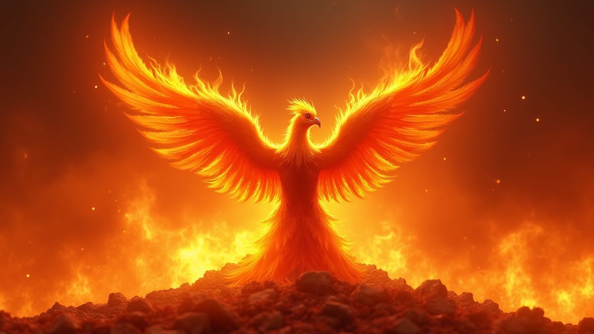 Un fénix renaciendo de sus cenizas frente a un fondo ardiente.