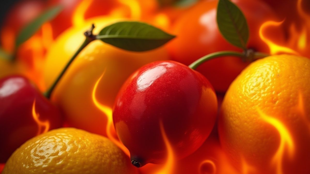 Símbolos clásicos de frutas rodeados de llamas.