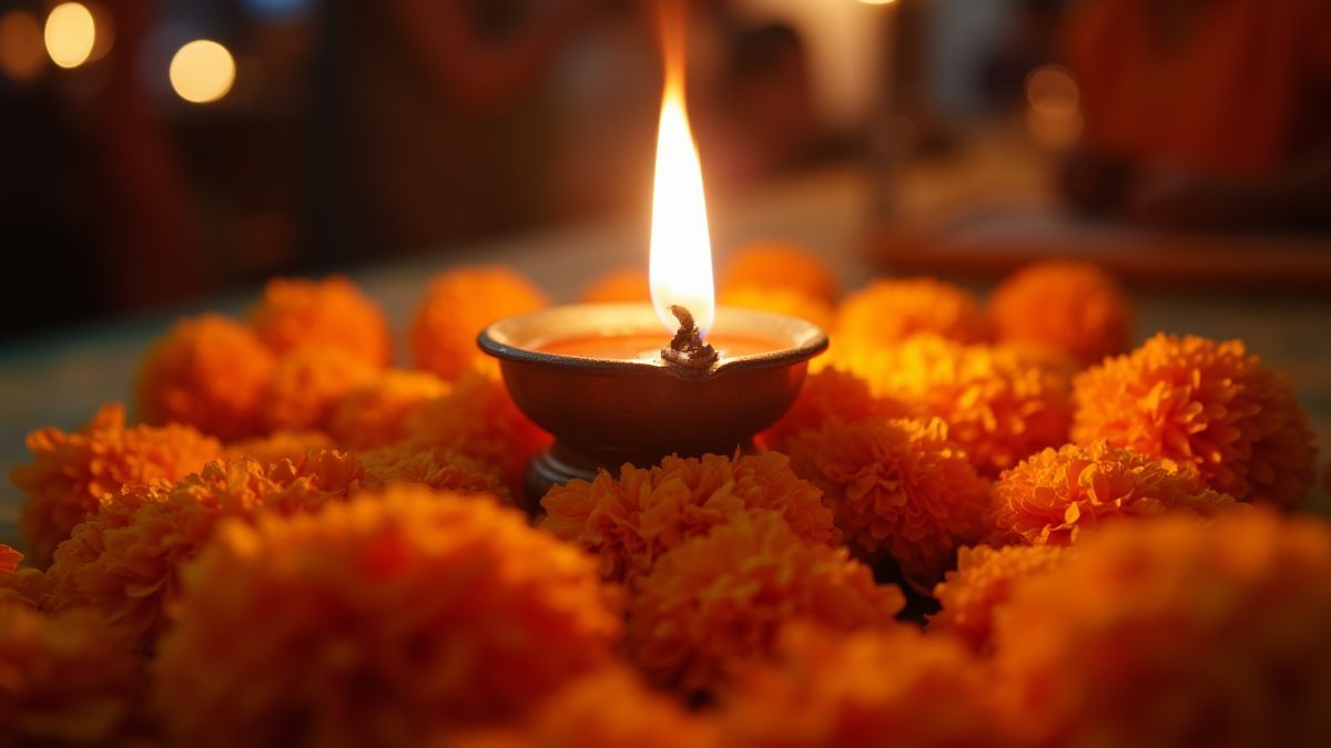 Lâmpada de óleo rodeada de flores de calêndula em um ambiente festivo.