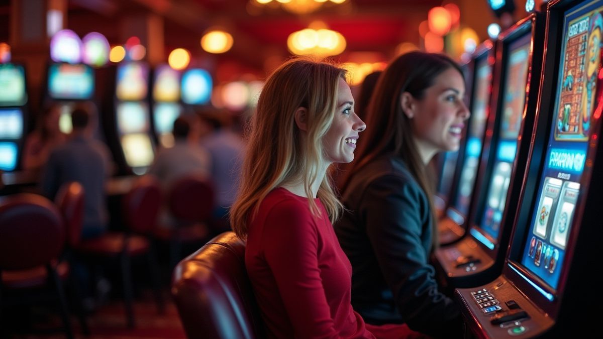 Grupo de pessoas jogando a uma máquina tragamonedas em um cassino.
