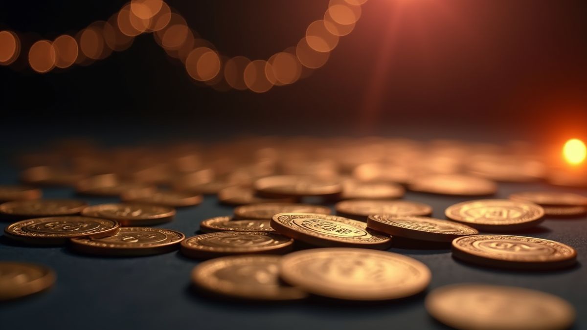 Monedas de casino dispersas con una espiral brillante de fondo.