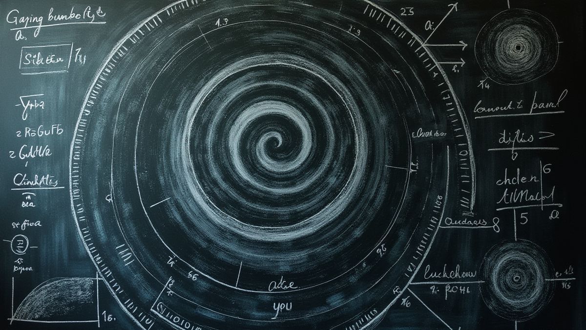 Pizarra matemática con espirales de Fibonacci y fórmulas dibujadas.