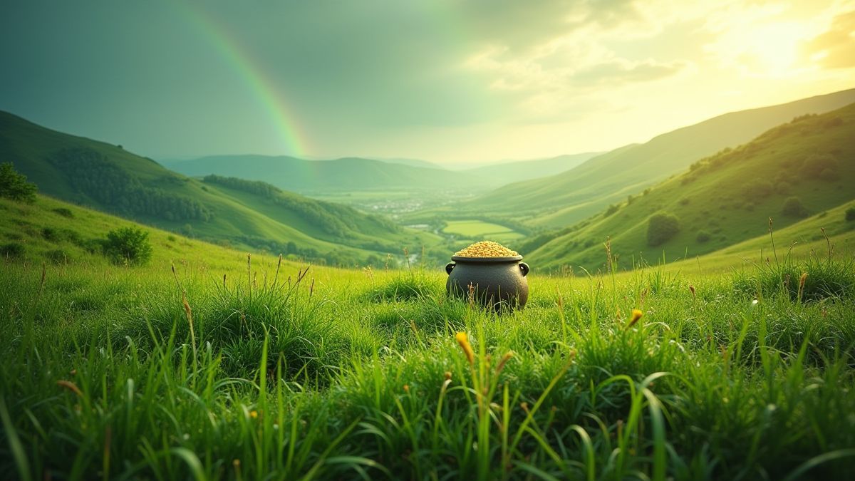 Irische grüne Landschaft mit Töpfen voller Gold unter Regenbögen.