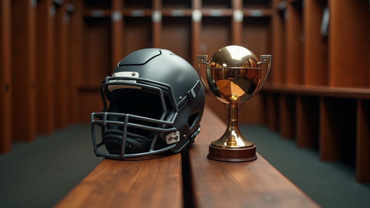 Casque de football américain et trophée dans un vestiaire.