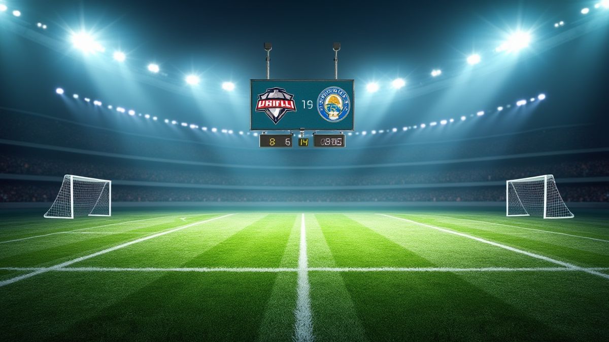 Terrain de football américain avec tableau des scores.