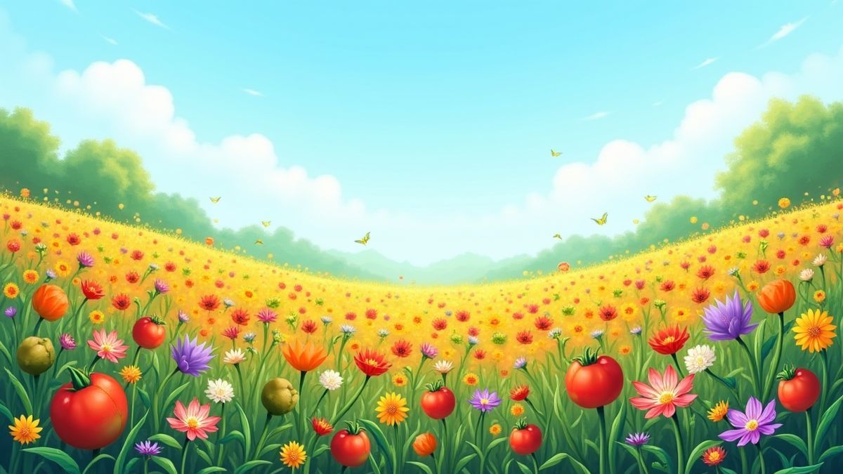 Een veld vol bloemen en groenten onder een blauwe lucht.