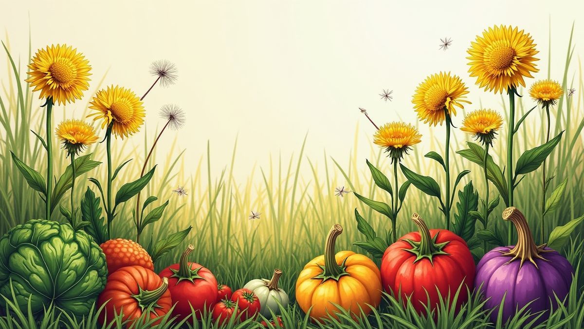 Illustratie van paardenbloemen en groenten in een agrarische omgeving.