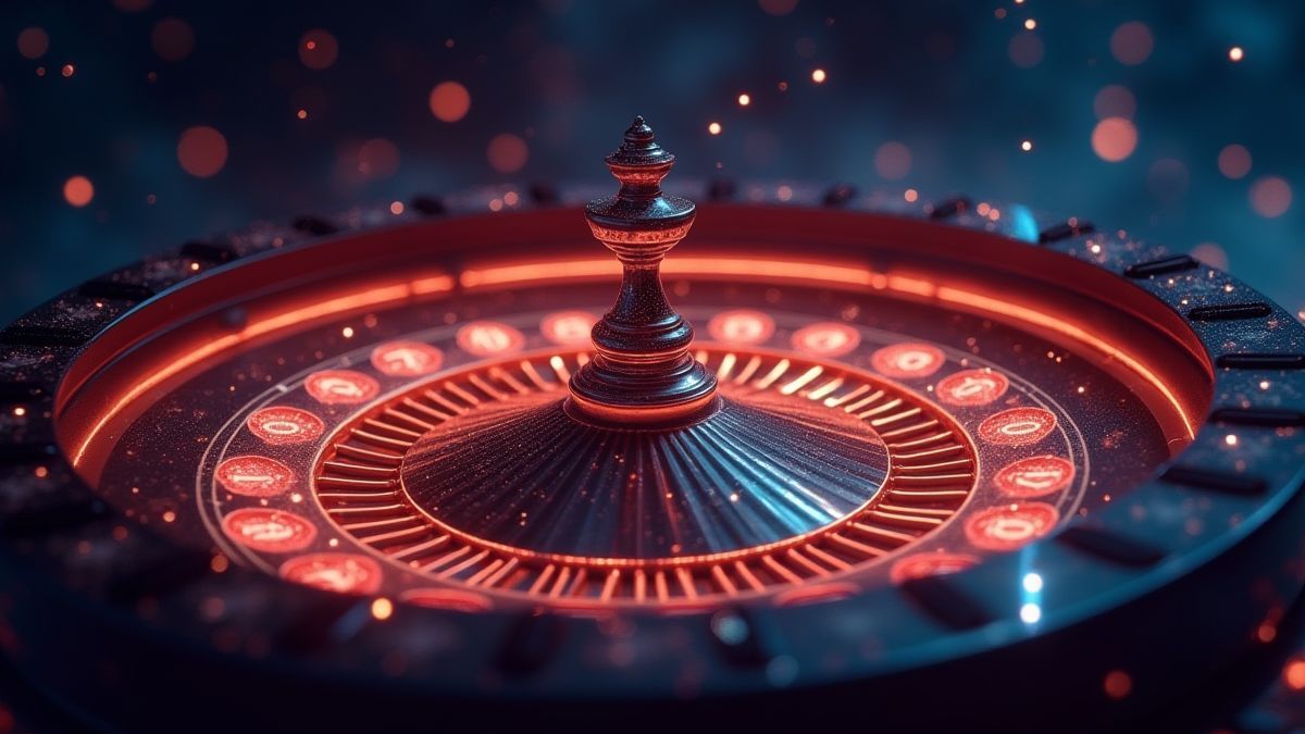 Ein kosmisches Roulette, das mit leuchtenden Münzen dreht.