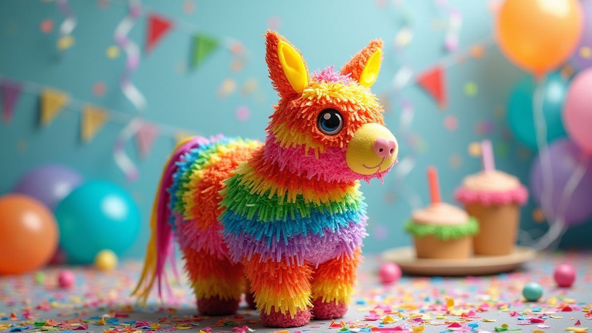 Piñata colorée entourée de confetti et décorations festives