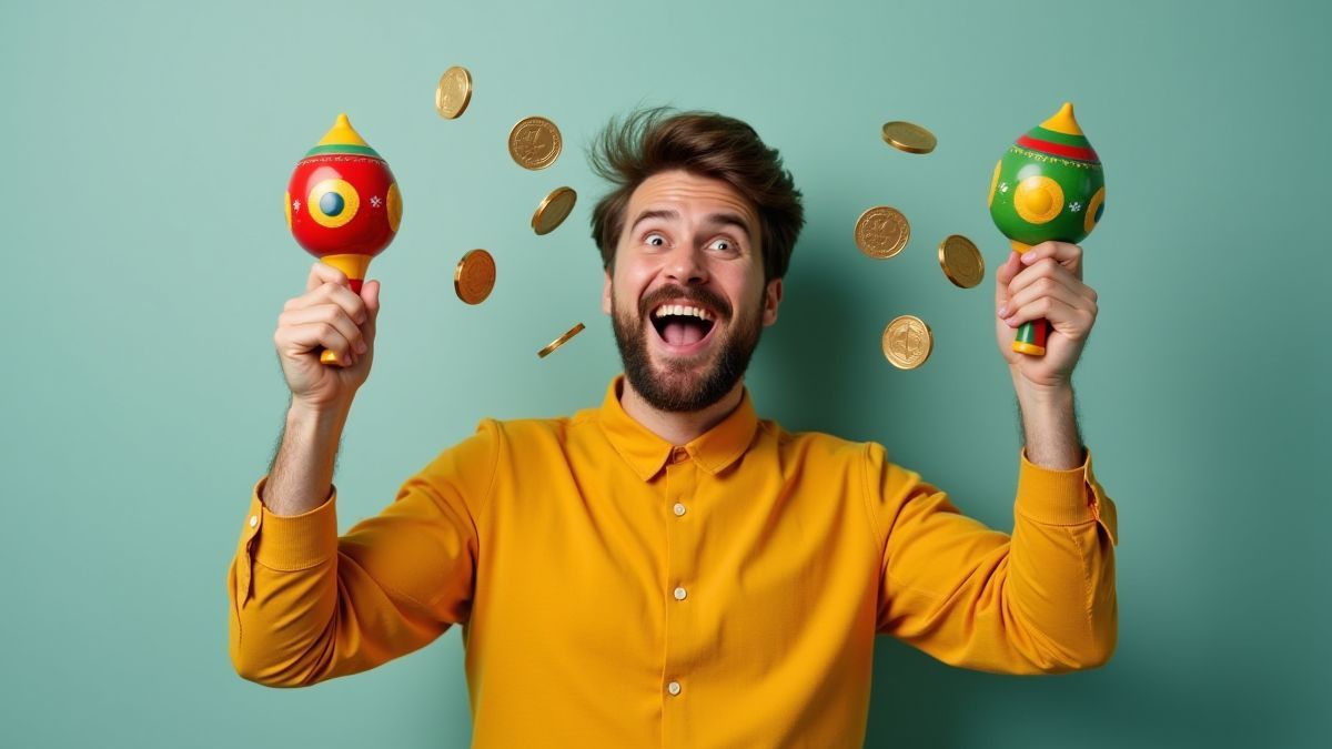 Personne joyeuse tenant des maracas et des pièces, célébrant des gains