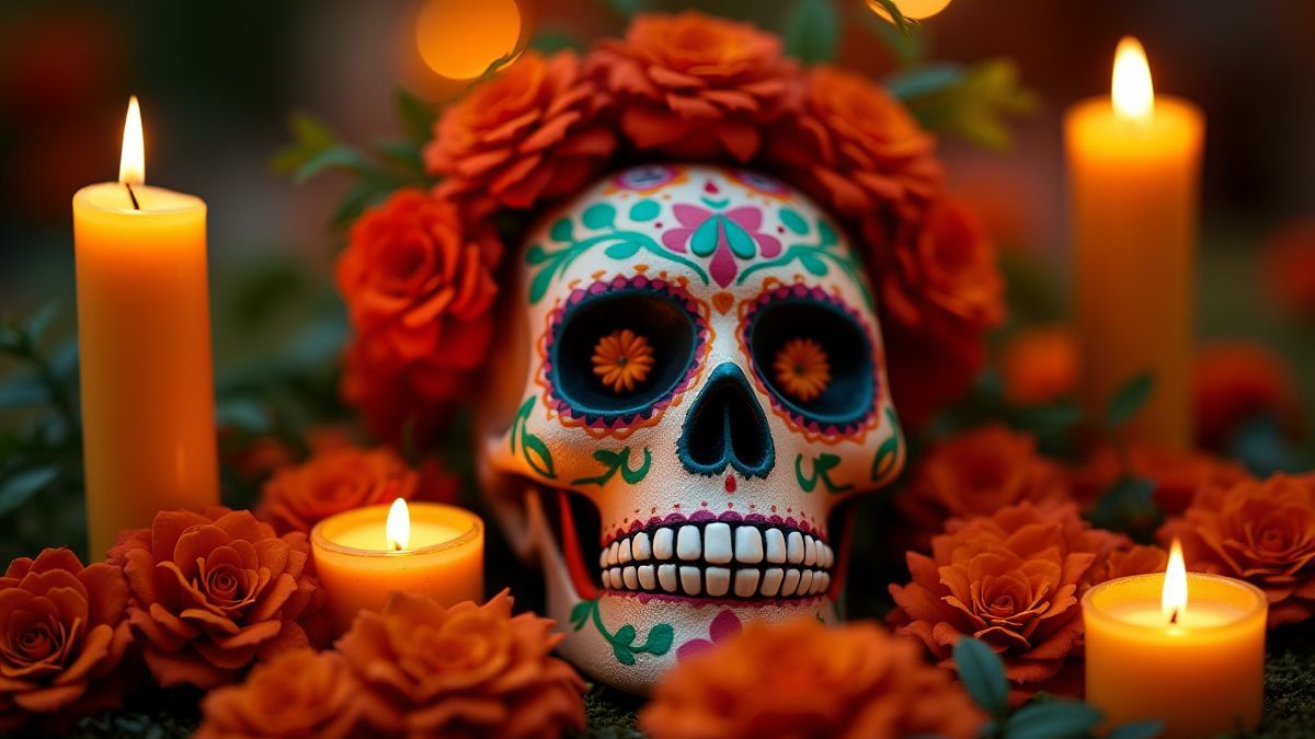 Calavera de azúcar rodeada de flores y velas en un ambiente mexicano festivo.