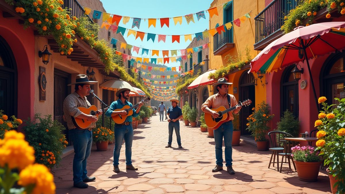 Un pueblo mexicano festivo con músicos y decoraciones vibrantes.