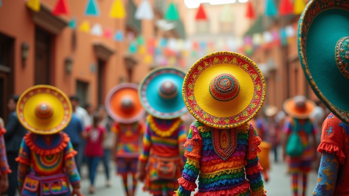 Fiesta mexicana con sombreros, maracas y guirnaldas.