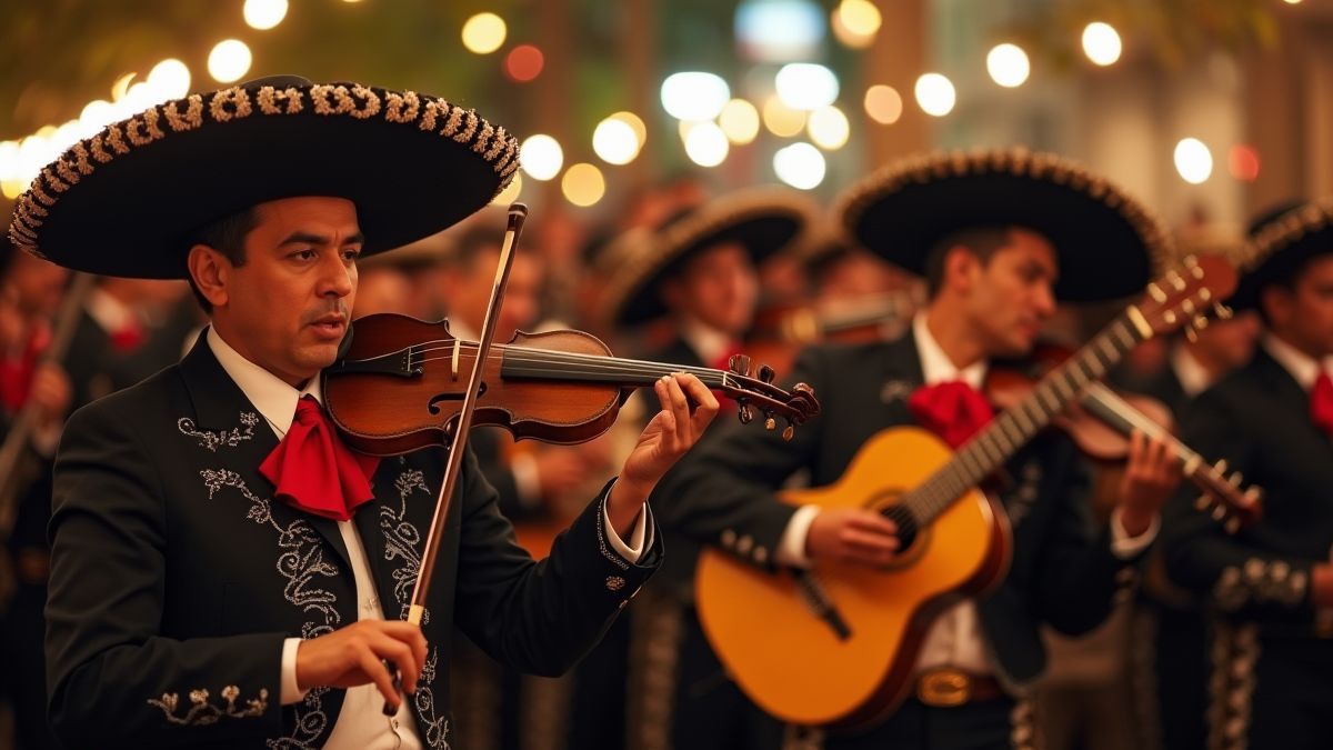 Banda de mariachi tocando instrumentos en una fiesta animada.