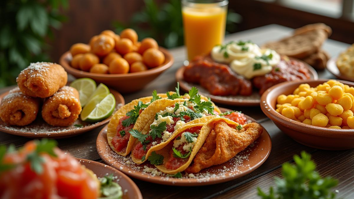 Mesa festiva con comida mexicana como tacos y churros.