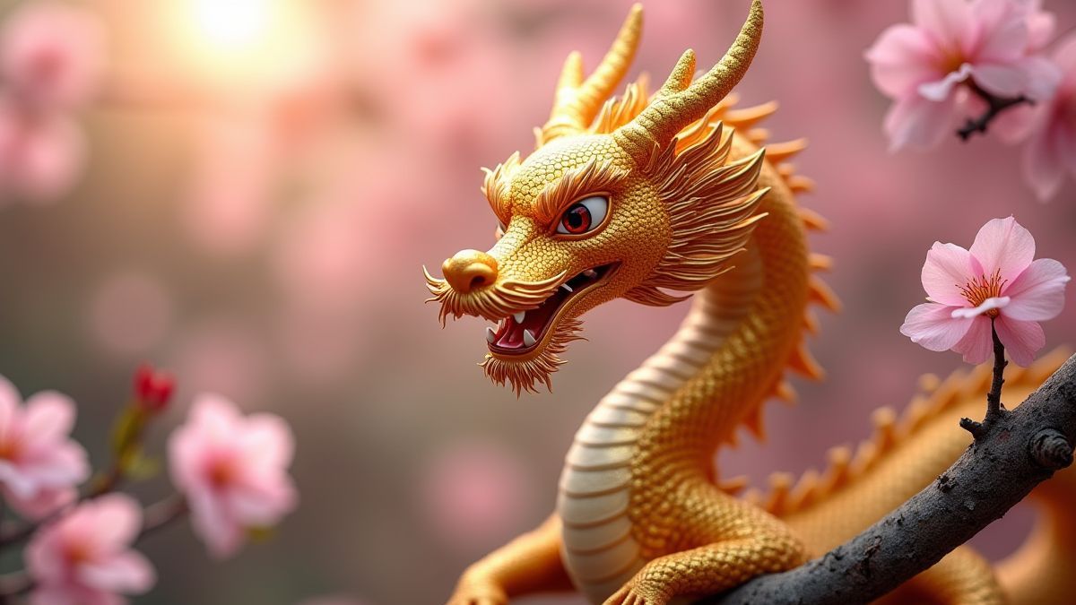 Dragão dourado entrelaçado com flores de cerezo em um jardim asiático.