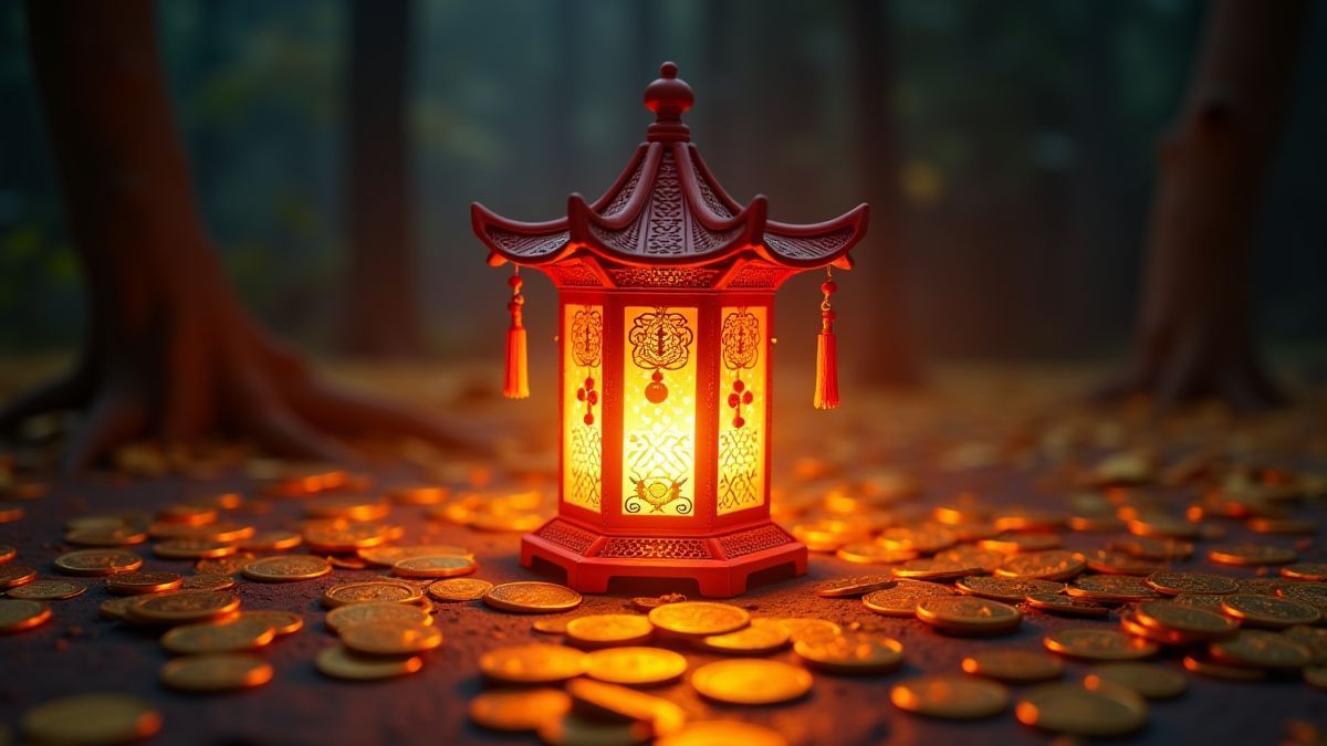 Farol asiático cercado por moedas douradas em um ambiente noturno.