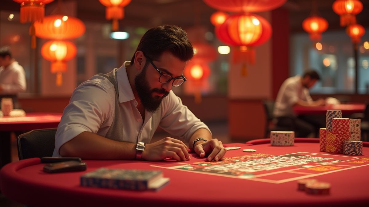 Jogador fazendo apostas cercado por decorações asiáticas.