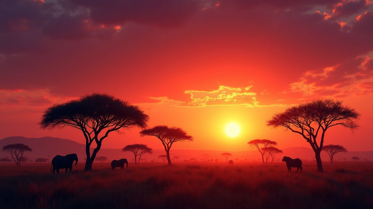 Sunset in the African savannah with acacia trees.