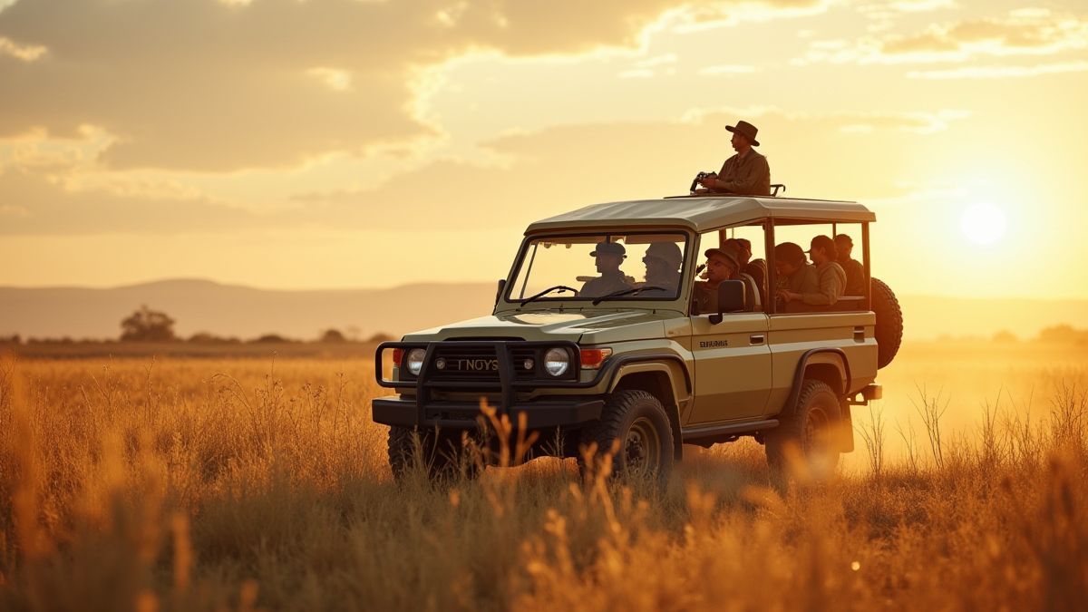 Explorers on a safari in the African savannah.