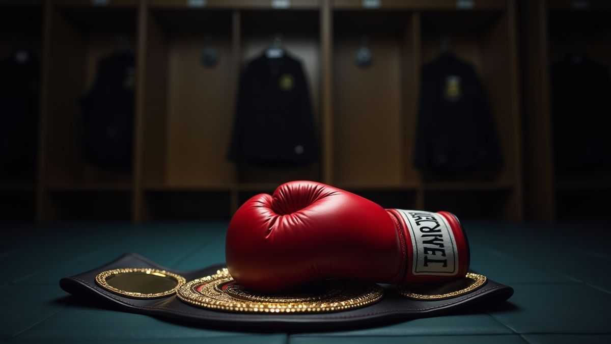Boxhandschuh auf einem Meisterschaftsgürtel in einem schwach beleuchteten Umkleideraum.