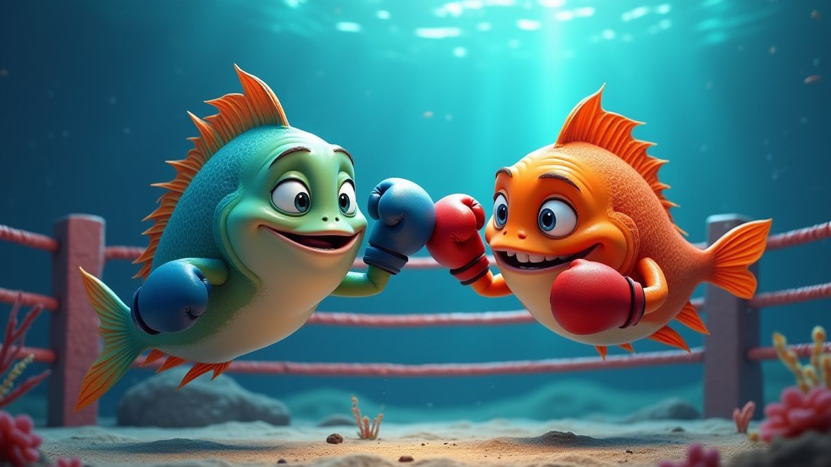 Animierte Fische mit Boxhandschuhen in einem bunten Unterwasser-Boxring.