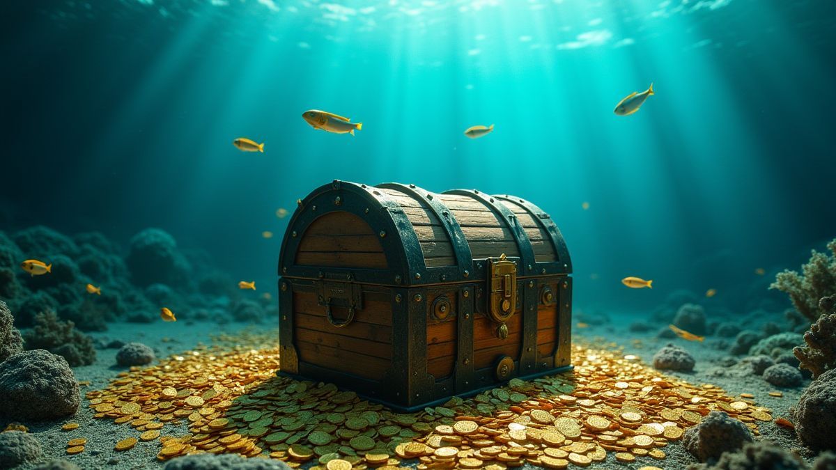 Unterwasser-Schatztruhe umgeben von Goldmünzen und Meereslebewesen.