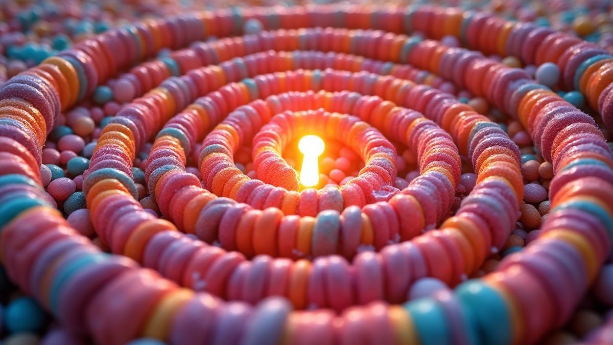Un laberinto espiral de caramelos con un candado mágico en el centro.