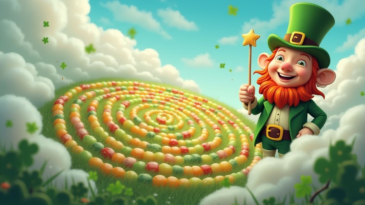 Un alegre duende junto a un laberinto de caramelos en las nubes.