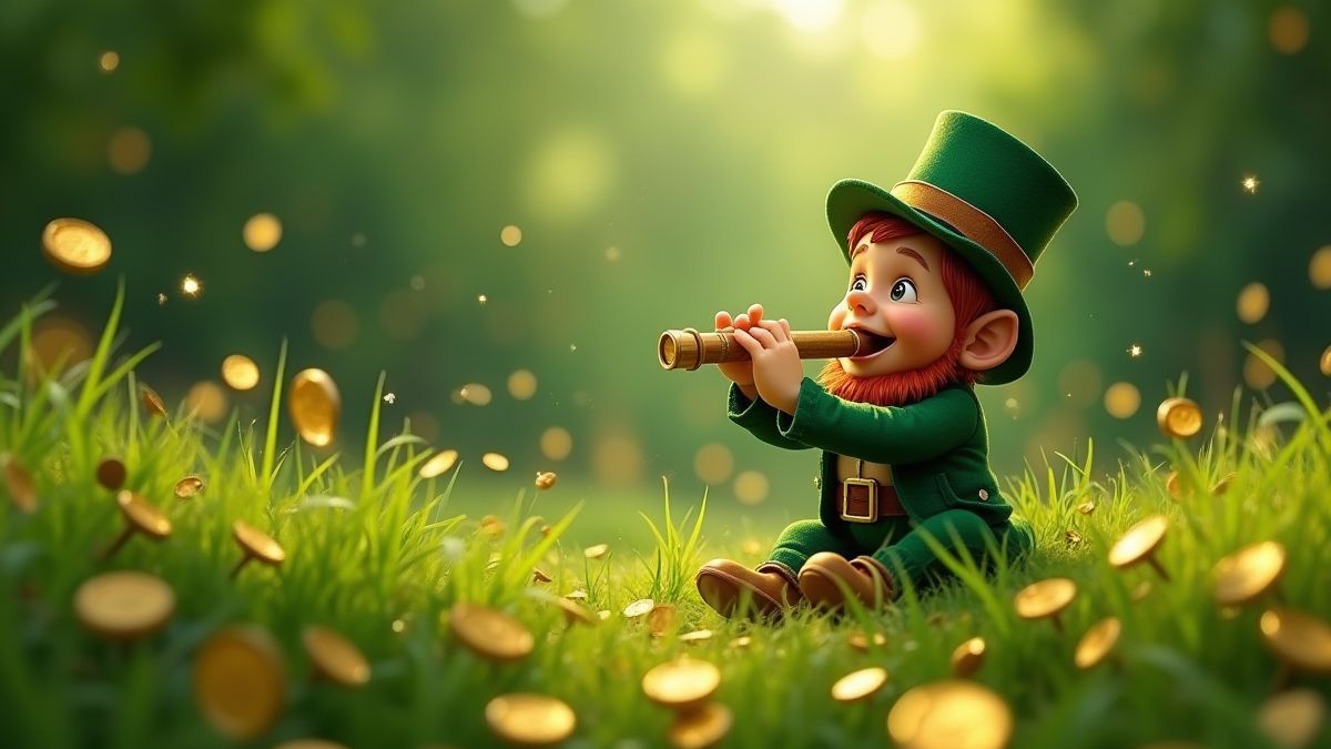 Ein Kobold, der in einer grünen Wiese Flöte spielt, umgeben von goldenen Münzen.