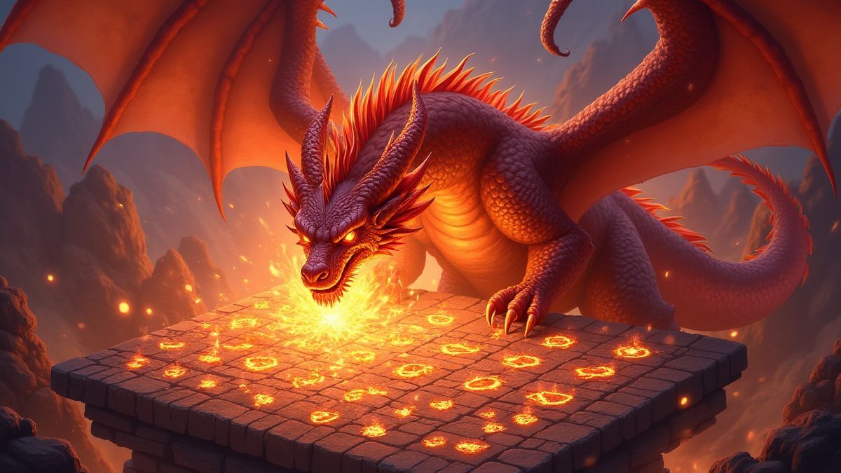 Ein Drache, der Symbole in einem magischen Raster zerstört.