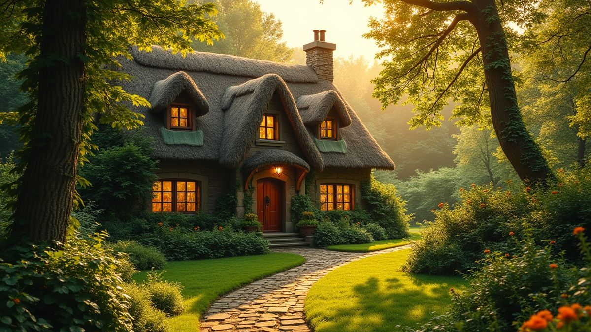 Eine gemütliche irische Hütte umgeben von üppigem Grün und goldenem Sonnenlicht.