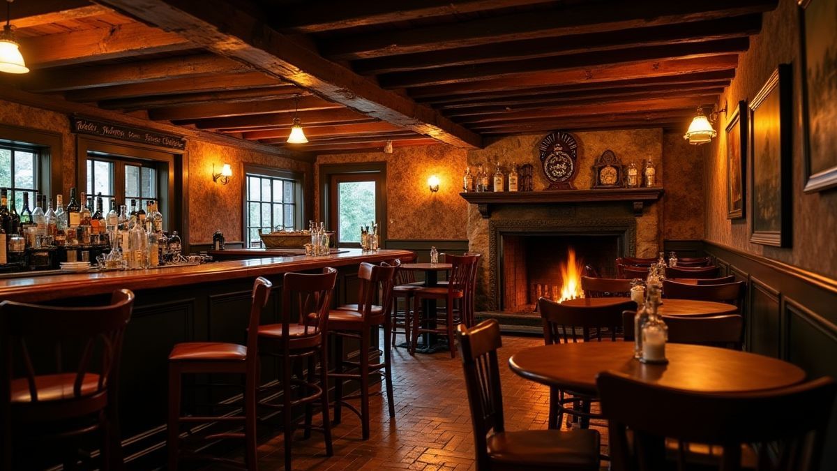 Intérieur d'une taverne irlandaise chaleureuse avec des meubles en bois et une cheminée allumée.