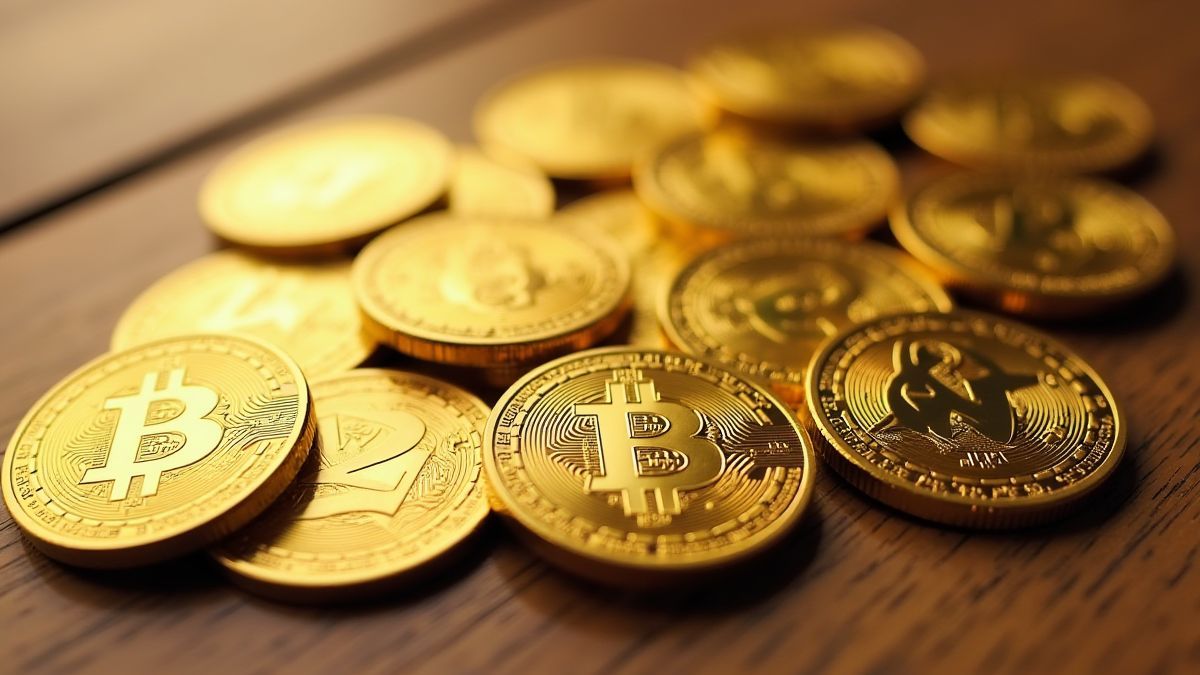 Pièces d'or avec des designs détaillés sur une table en bois.