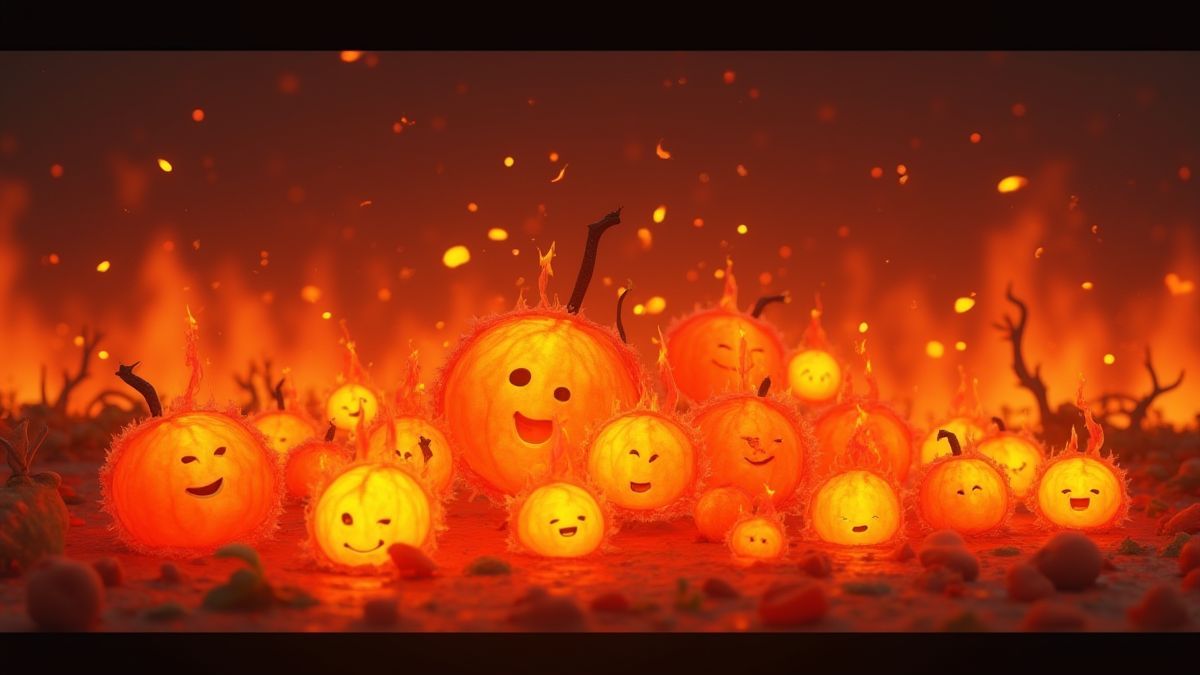 Leuchtende Früchte umgeben von Flammen.