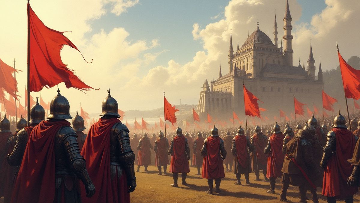 Campo de batalla medieval con guerreros y estandartes.