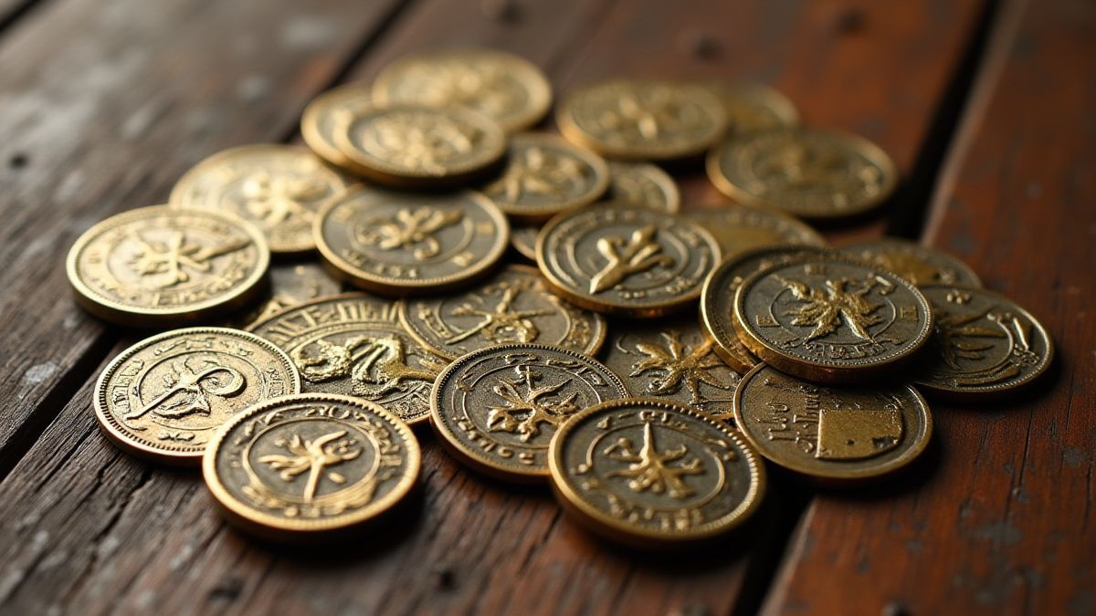 Monedas medievales sobre una mesa de madera.