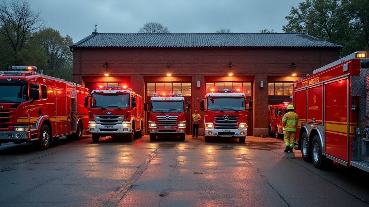 Fire station with trucks and firefighters ready for action.