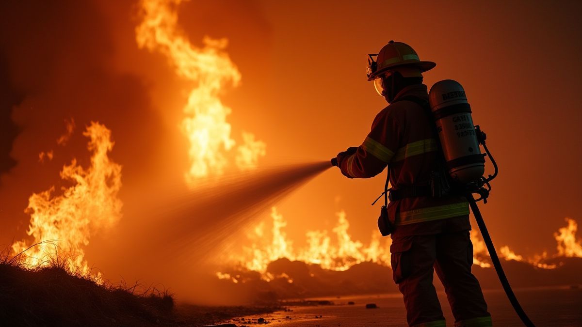 Firefighter extinguishing a fire with a hose.