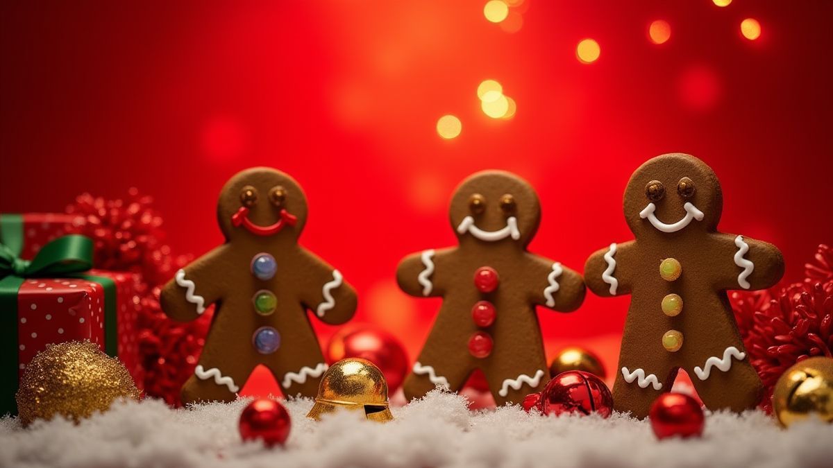 Festive scene with gingerbread men, bells, and gifts under a glowing red background.