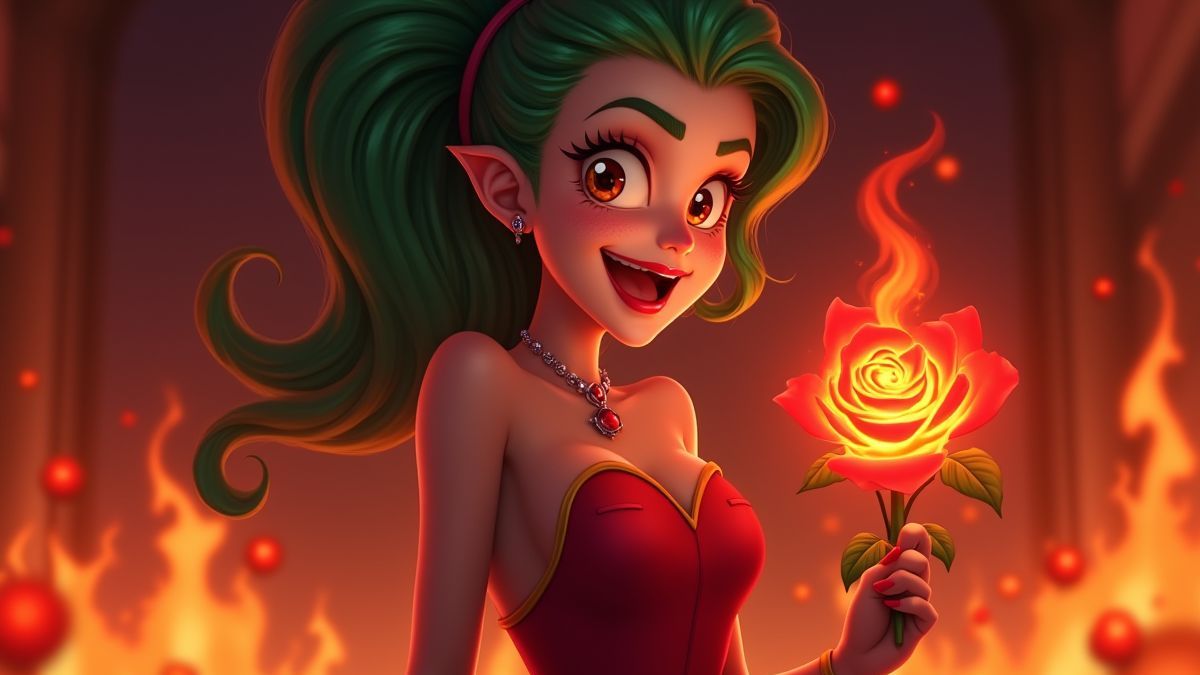 Animated joker lady holding a flaming rose surrounded by fiery effects.