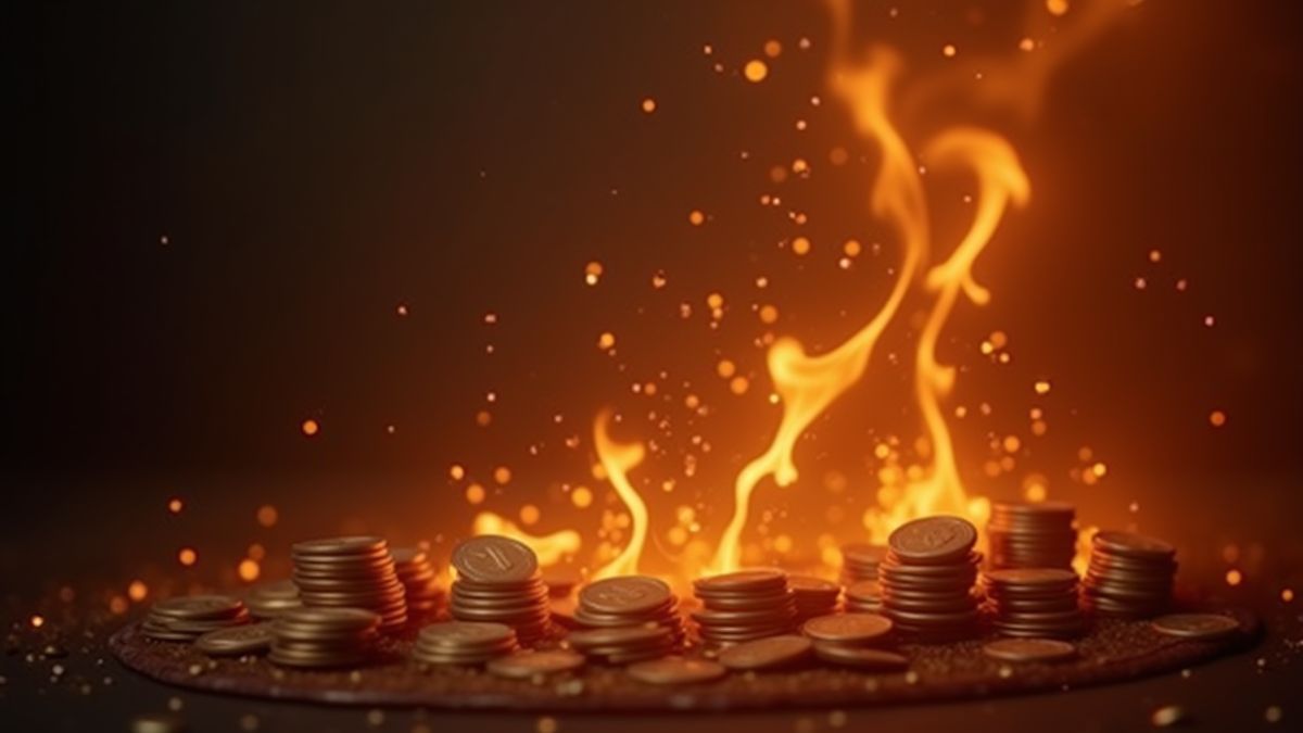 Moedas caindo sob faíscas de fogo.