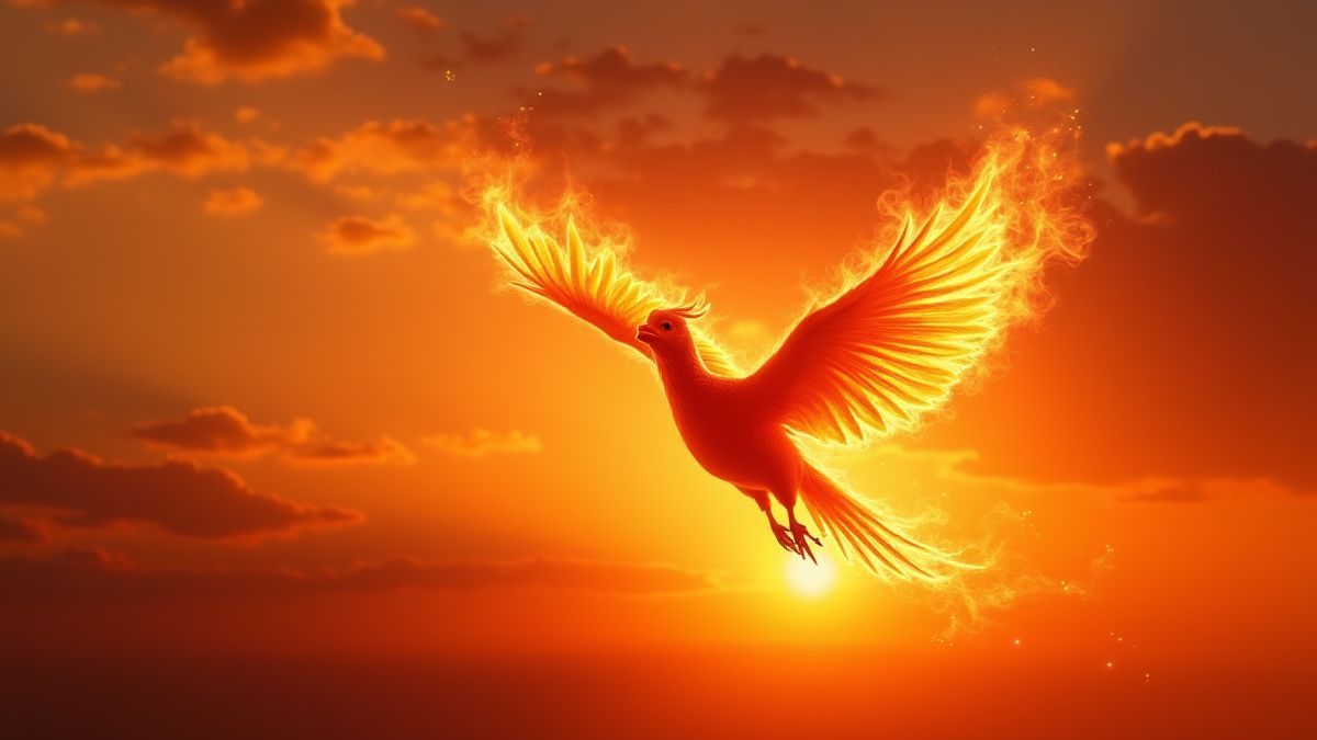 Um ave fênix voando entre chamas com um fundo de pôr do sol.