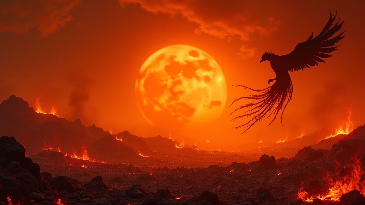 Um paisagem ardente com brasas brilhantes e uma silhueta de um fênix ao fundo.