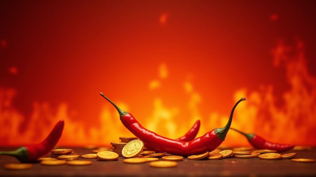 Fundo ardente com chilis e moedas de ouro dispersas.