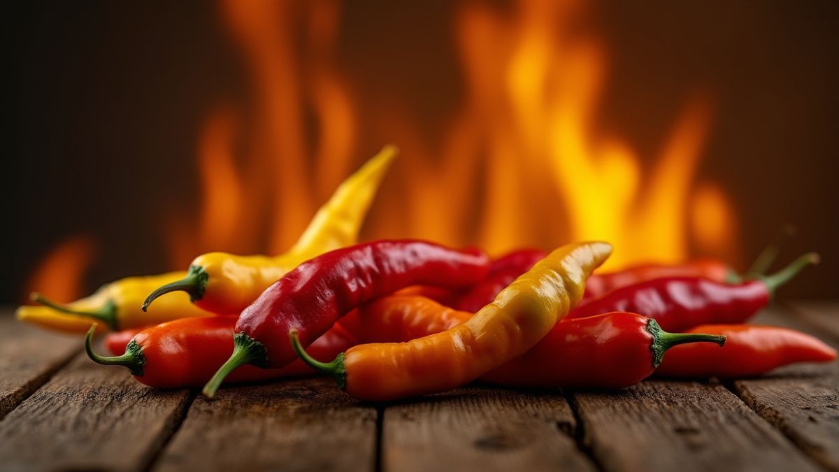 Piments colorés sur une table en bois avec des flammes en arrière-plan.