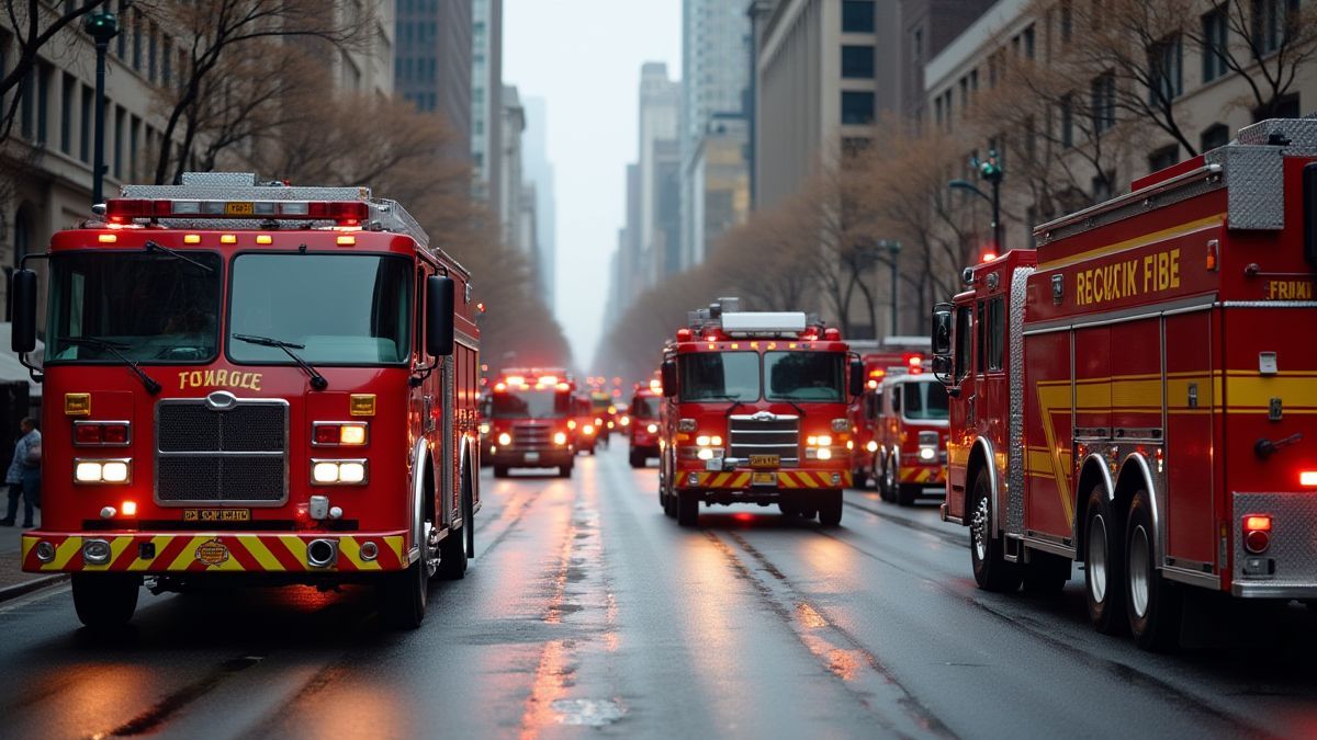 Camiones de bomberos y equipo de rescate en acción en una calle de la ciudad.