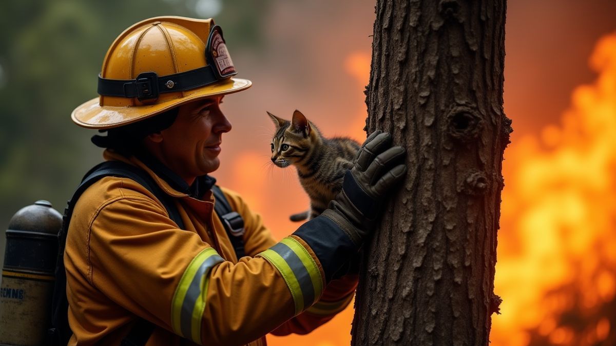 Un bombero rescatando un gatito de un árbol con llamas al fondo.